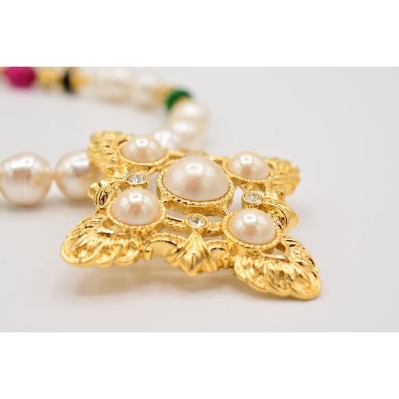 KJL Avon Necklace Maltese Cross Cabochon Pearl Beaded Gold Crystal Signed Bin3B - Picture 12 of 12